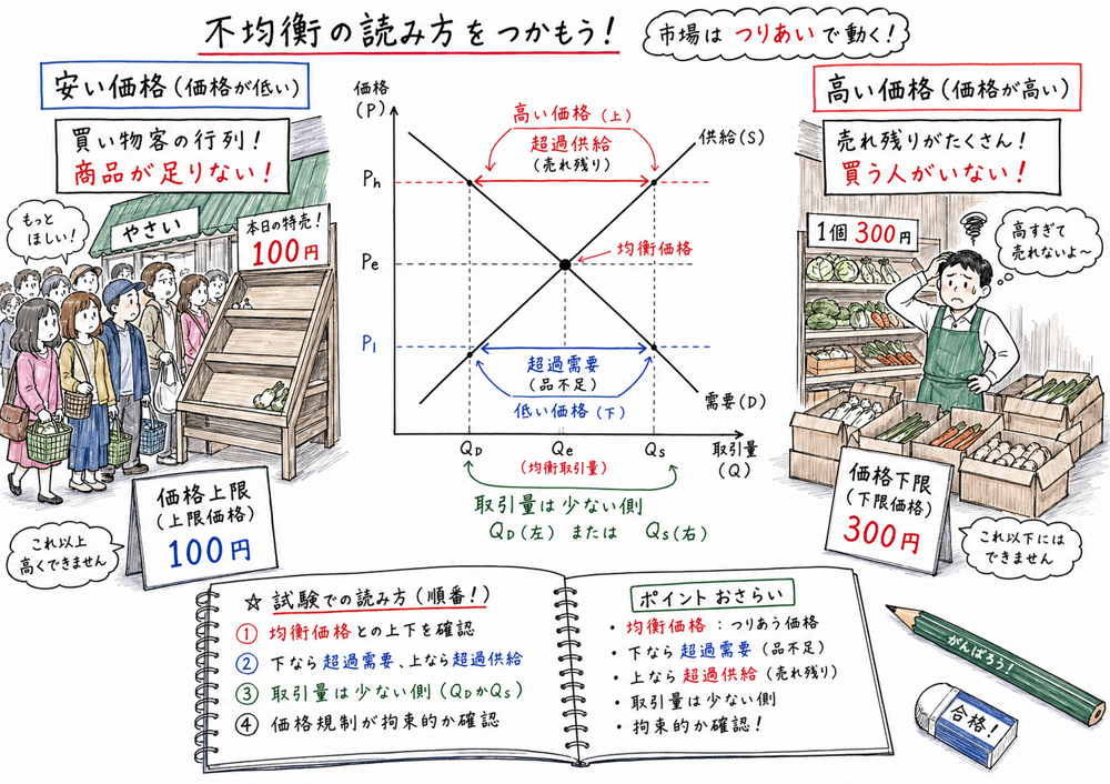 不均衡を均衡価格との上下、超過需要と超過供給、少ない側の取引量で読む図解