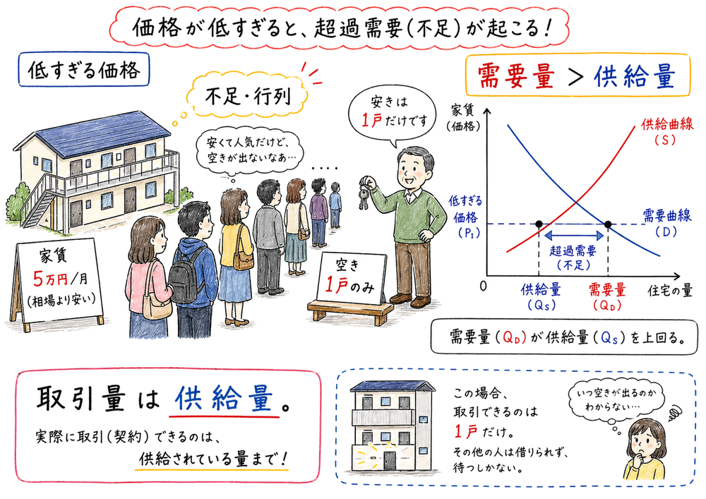 低すぎる価格で需要量が供給量を上回り不足が生じることを示す図解