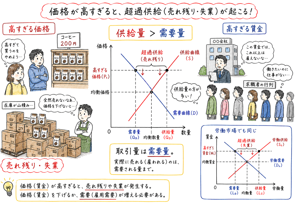 高すぎる価格で供給量が需要量を上回り売れ残りや失業が生じることを示す図解