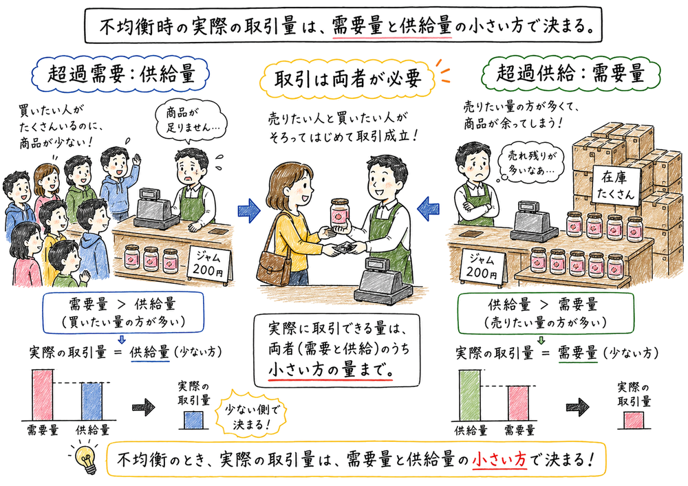不均衡時の取引量は需要量と供給量の小さい側で決まることを示す図解