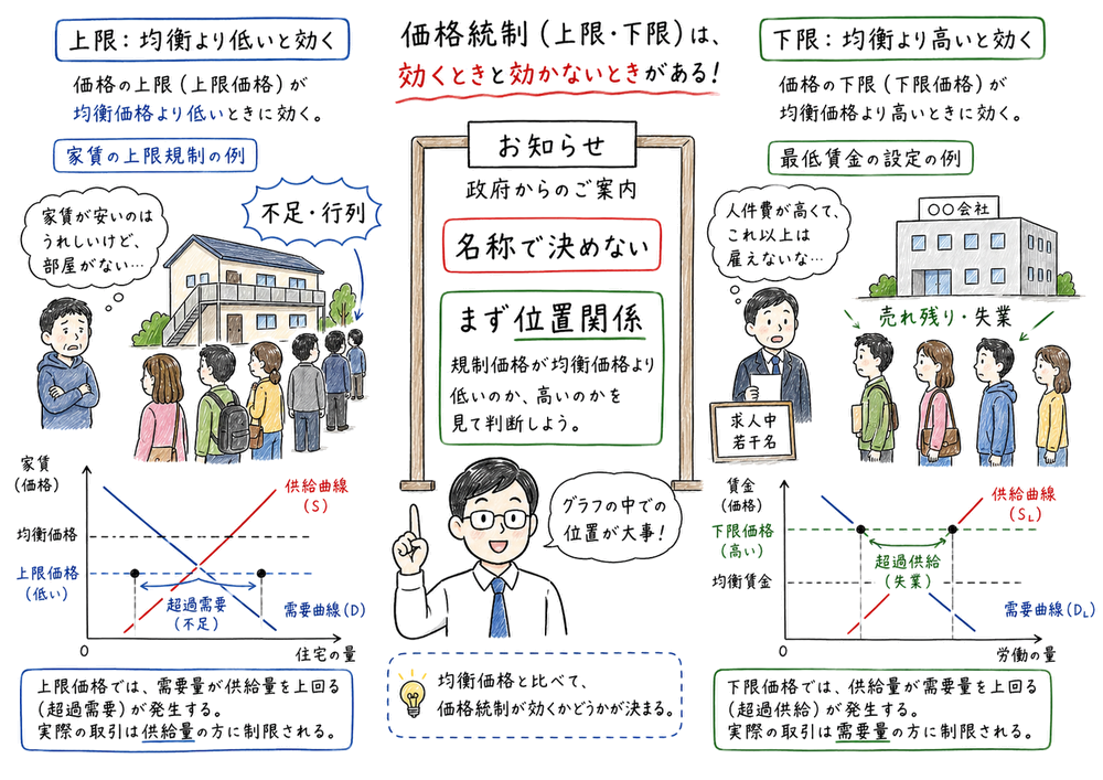価格上限と価格下限が拘束的になる位置関係を示す図解