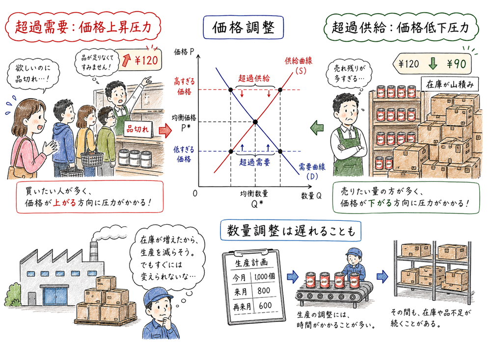 超過需要と超過供給による価格調整圧力と数量調整の遅れを示す図解