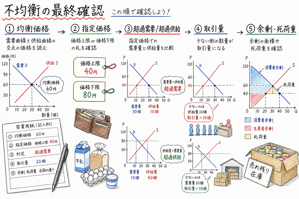 不均衡問題で均衡価格、規制価格、超過需要と超過供給、取引量、余剰を順に確認する図解
