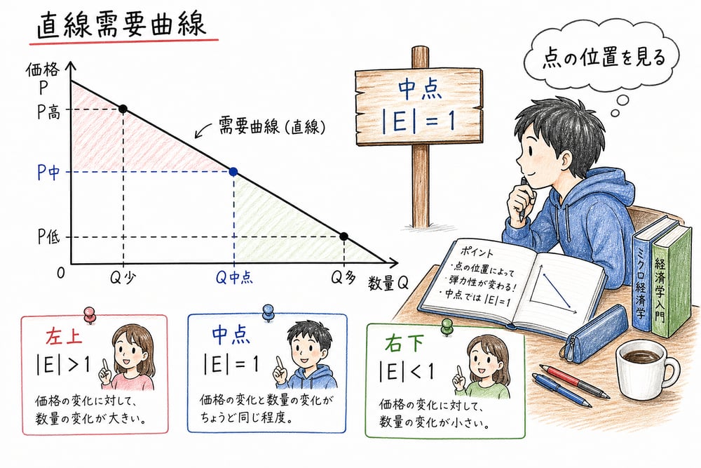 直線需要曲線の中点を境に弾力性が変わることを示す図解