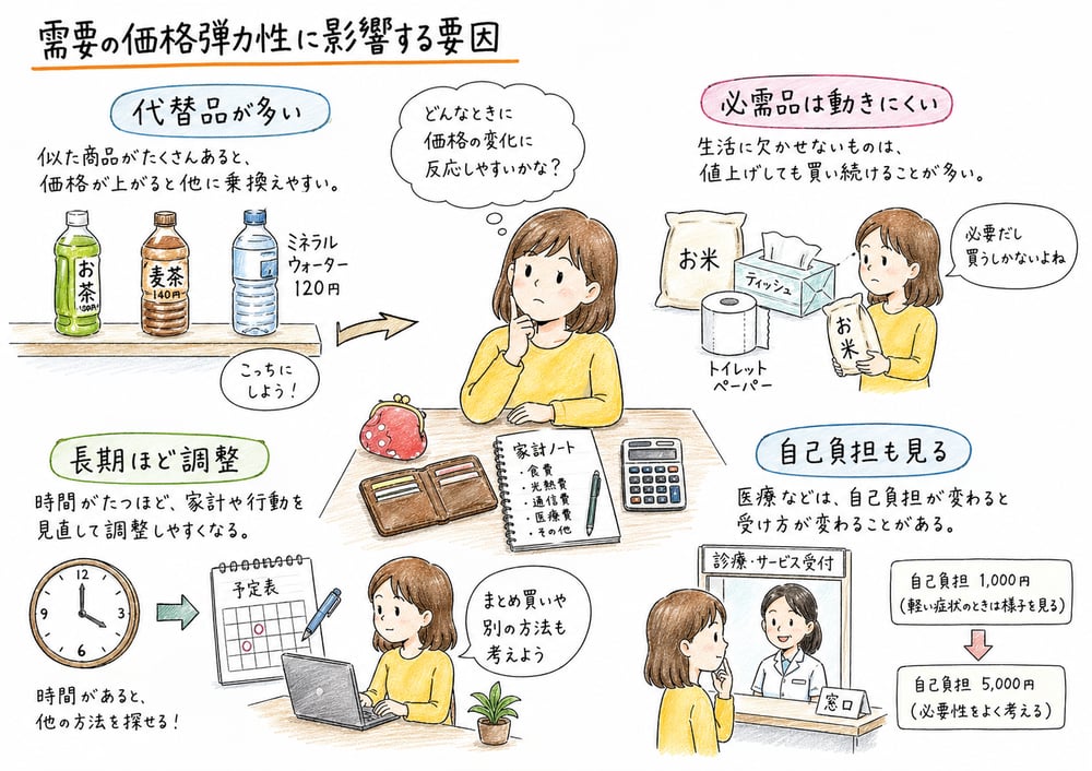代替品や必需性など需要の価格弾力性を左右する要因の図解