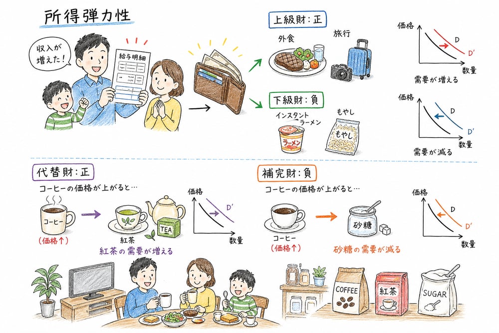 所得弾力性と交差弾力性の符号を上級財や代替財と結びつける図解