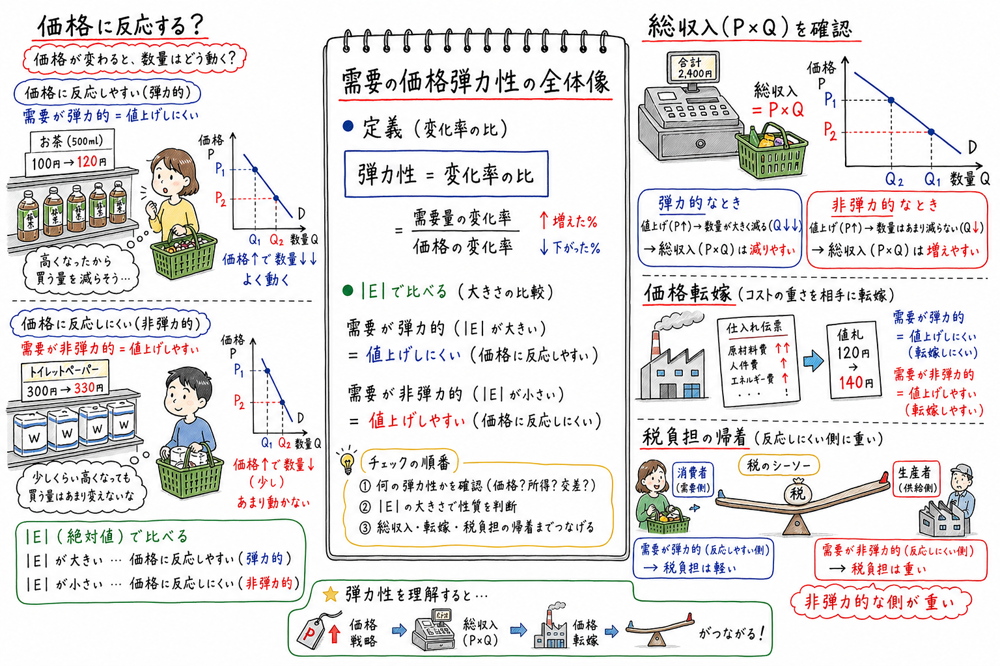 弾力性を変化率どうしの比、総収入、価格転嫁、税負担の帰着へつなげる図解