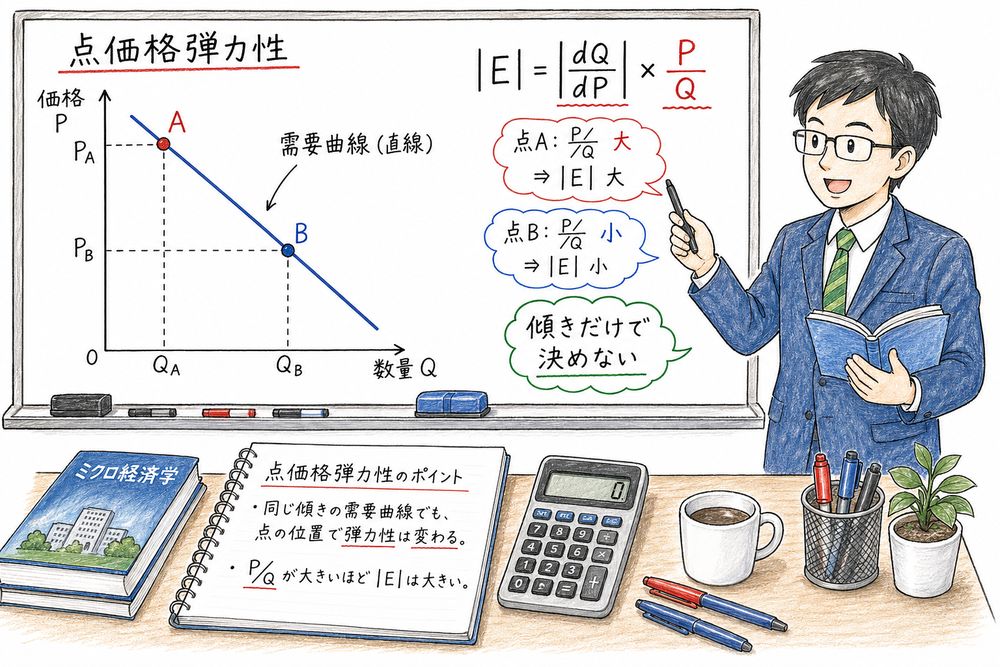 点価格弾力性を需要曲線上の位置とP割るQで確認する図解