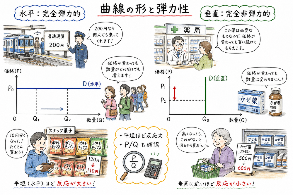 水平な需要曲線と垂直な需要曲線の弾力性を比較する図解