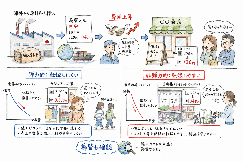 需要の弾力性と費用上昇の価格転嫁しやすさを比較する図解