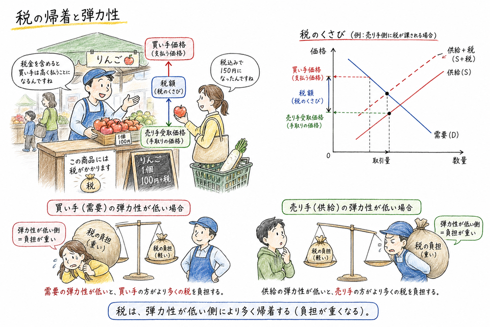 税負担が弾力性の低い側へ重く帰着することを示す図解