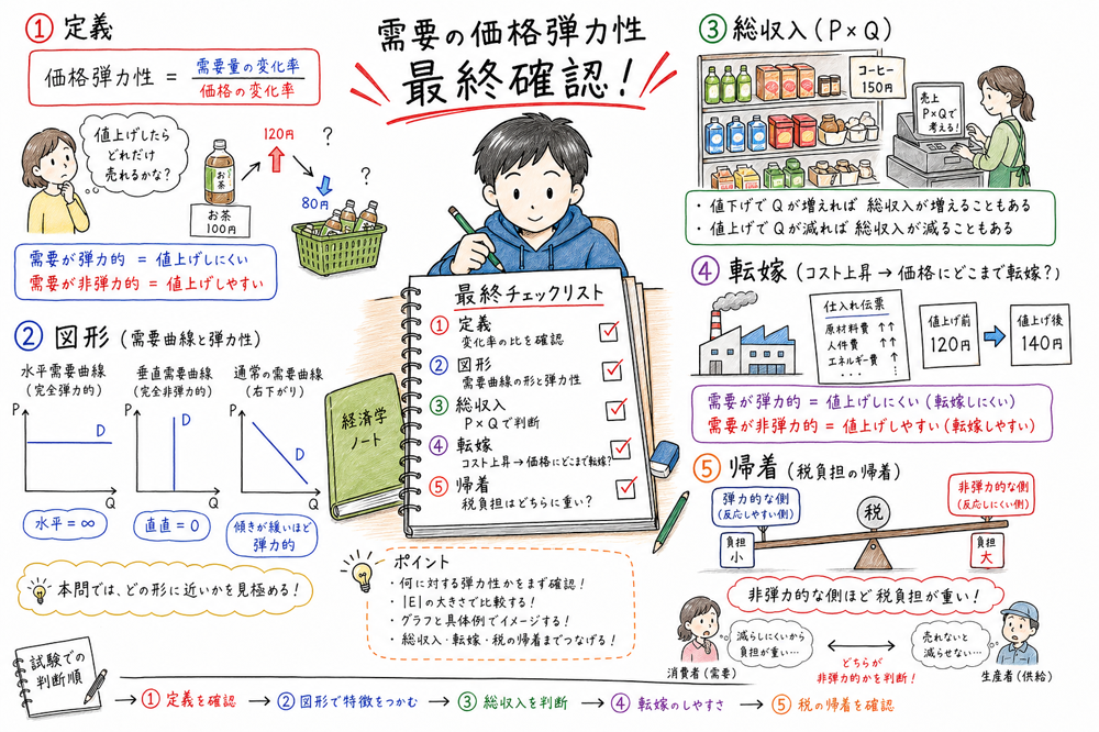 弾力性問題で定義、図形、総収入、価格転嫁、税負担を順に確認する図解