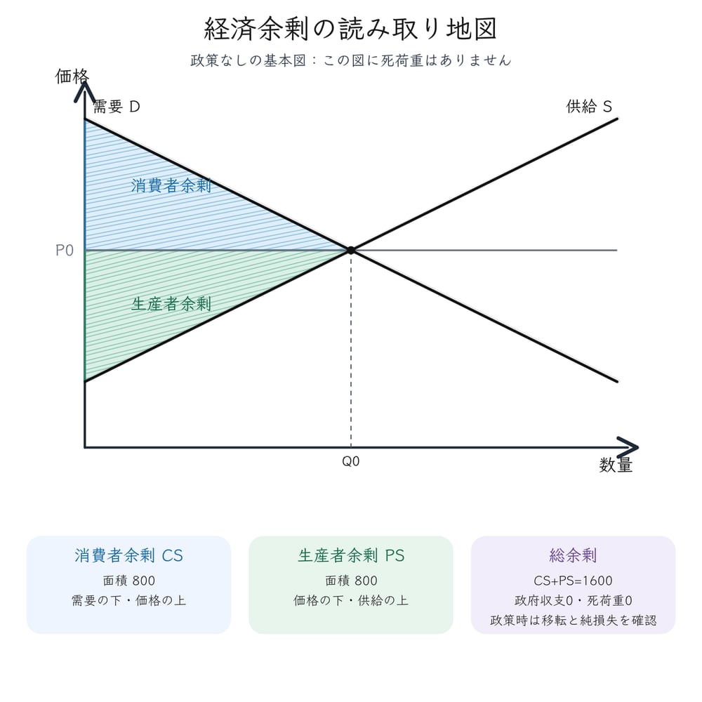 政策なしの市場均衡で消費者余剰と生産者余剰を読み、政策時に政府収支と死荷重を確認する図解