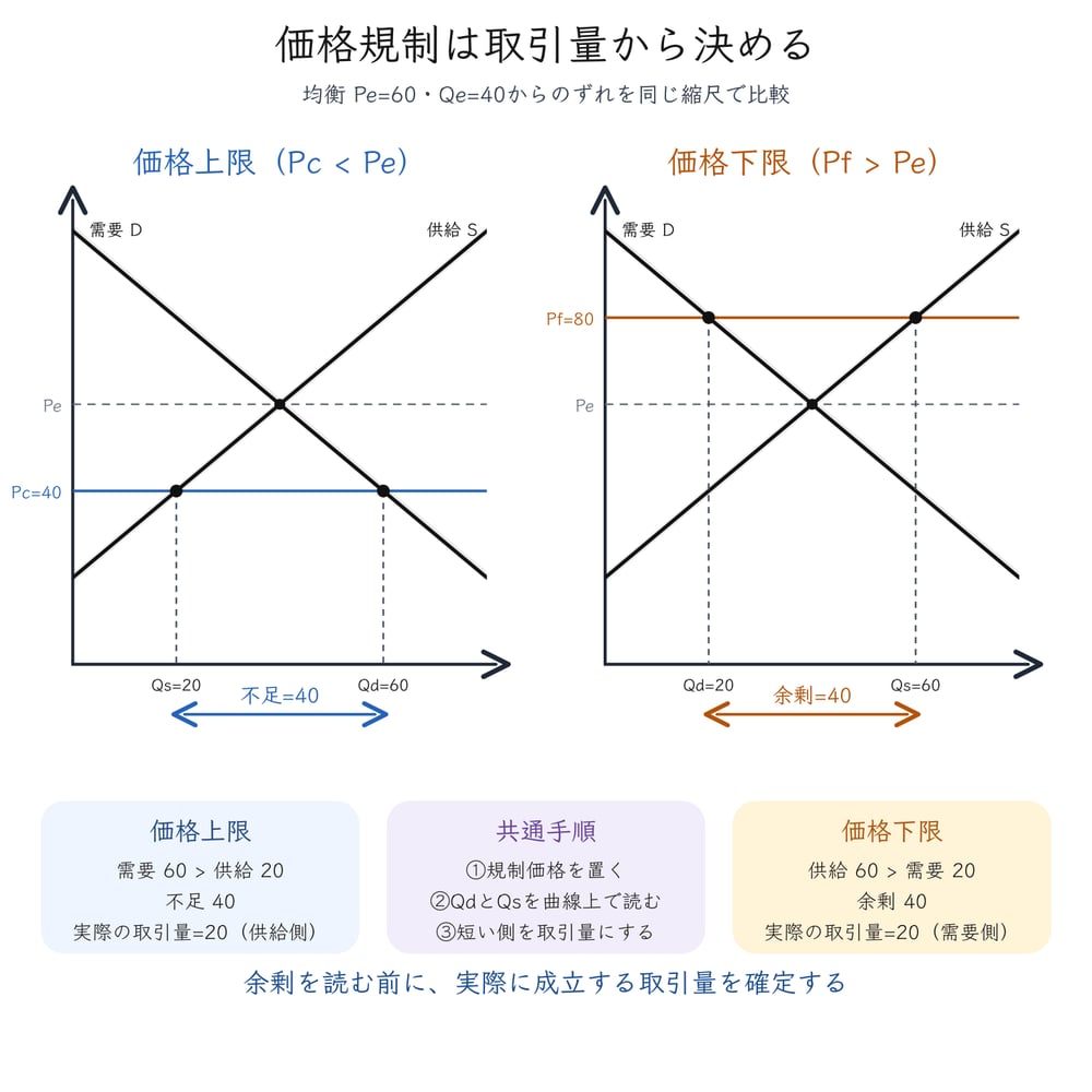 価格上限と価格下限で需要量・供給量の短い側を実際の取引量にする図解