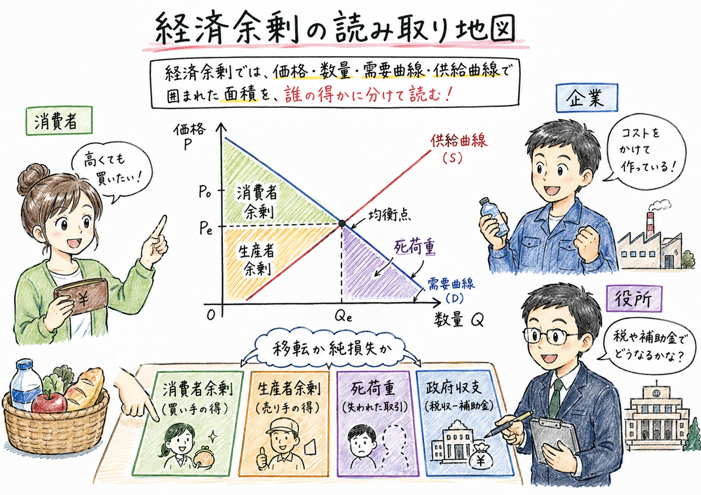 余剰分析で需要曲線、供給曲線、消費者余剰、生産者余剰、死荷重を順に読む図解