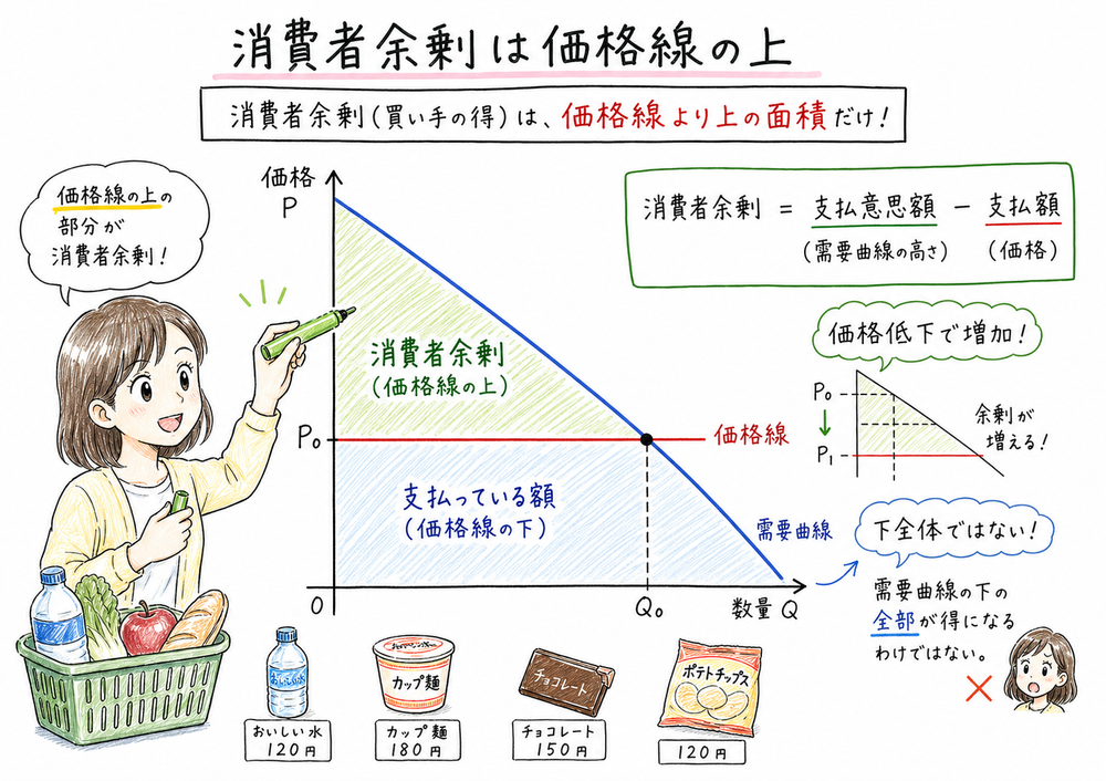 消費者余剰を需要曲線の下かつ価格線の上の面積として読む図解
