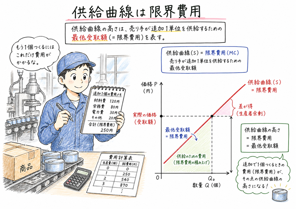 供給曲線を限界費用として読み、価格線との差を生産者余剰へつなげる図解