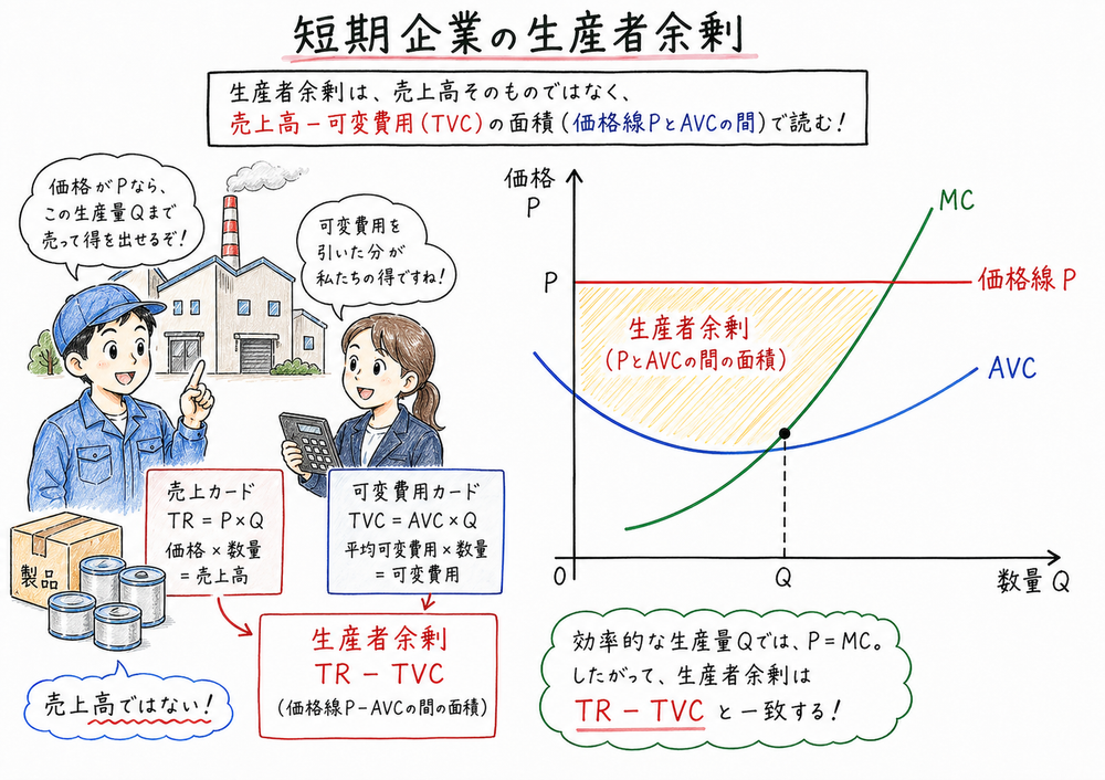 短期企業の限界費用曲線と価格線から生産者余剰を読む図解