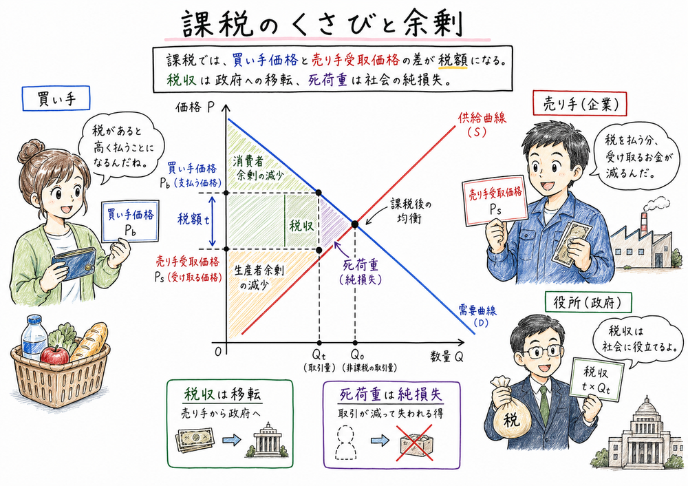 課税で買い手価格と売り手受取価格が分かれ税収と死荷重が生じる図解