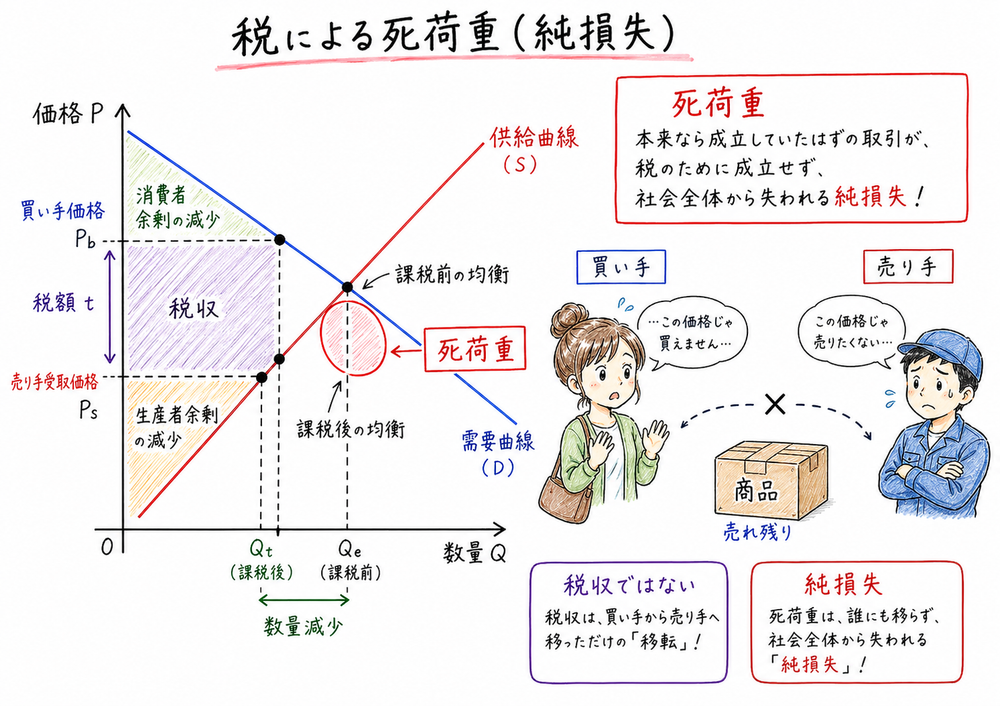 課税や規制で失われた取引部分に死荷重が生じることを示す図解