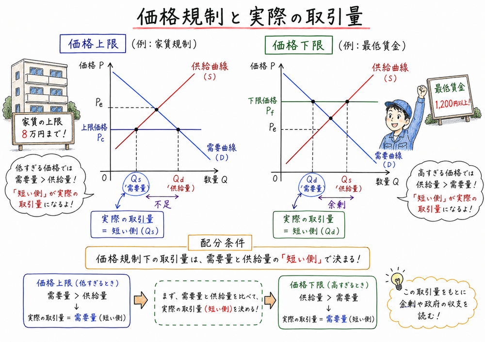 価格上限や価格下限で実際の取引量を先に確定して余剰を読む図解