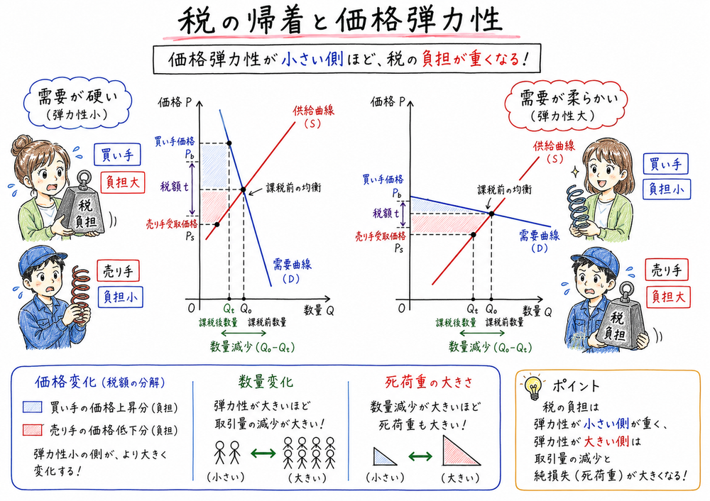 需要と供給の弾力性の違いが税負担と余剰変化に影響する図解