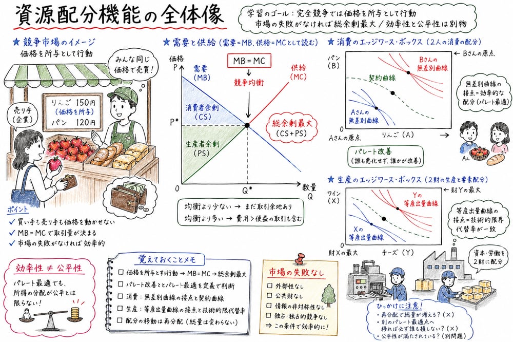競争均衡、パレート改善、パレート最適、エッジワース・ボックスを効率性の論点としてつなげる図解