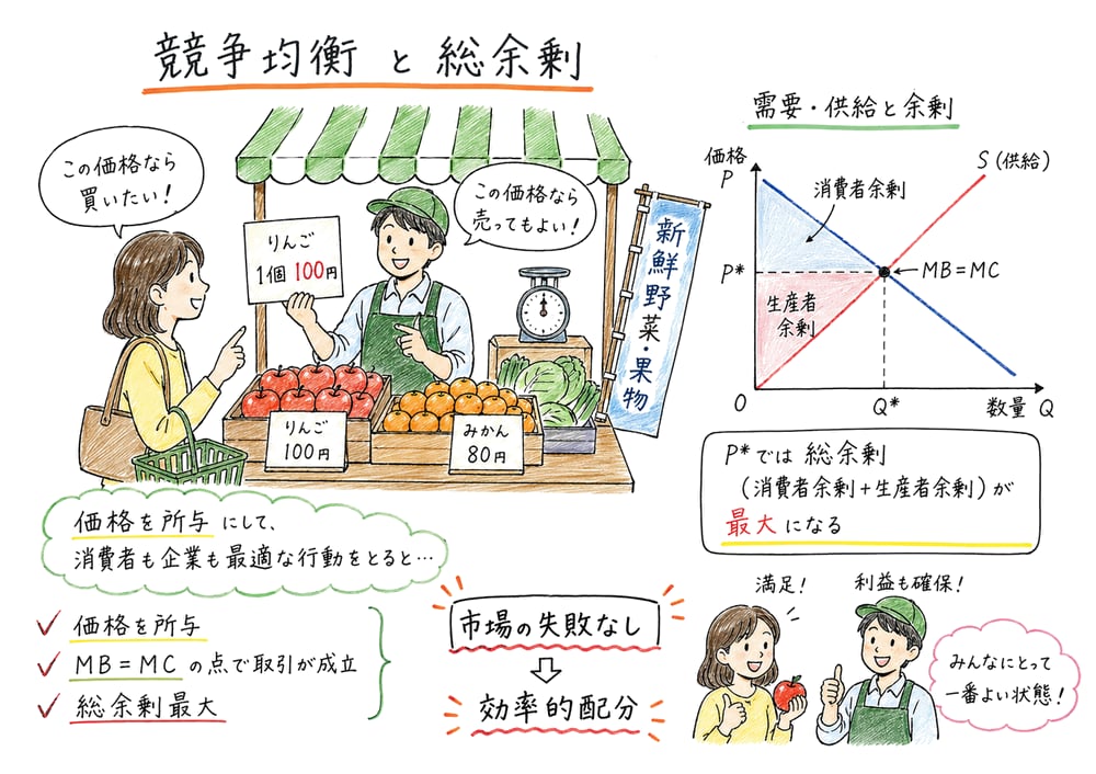 需要と供給が交わる競争均衡で限界便益と限界費用が一致し総余剰が最大化される図解