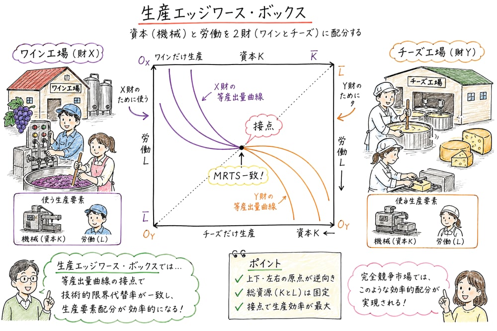 生産エッジワース・ボックスで資本と労働を2財へ配分し等産出量曲線の接点で技術的限界代替率が一致する図解