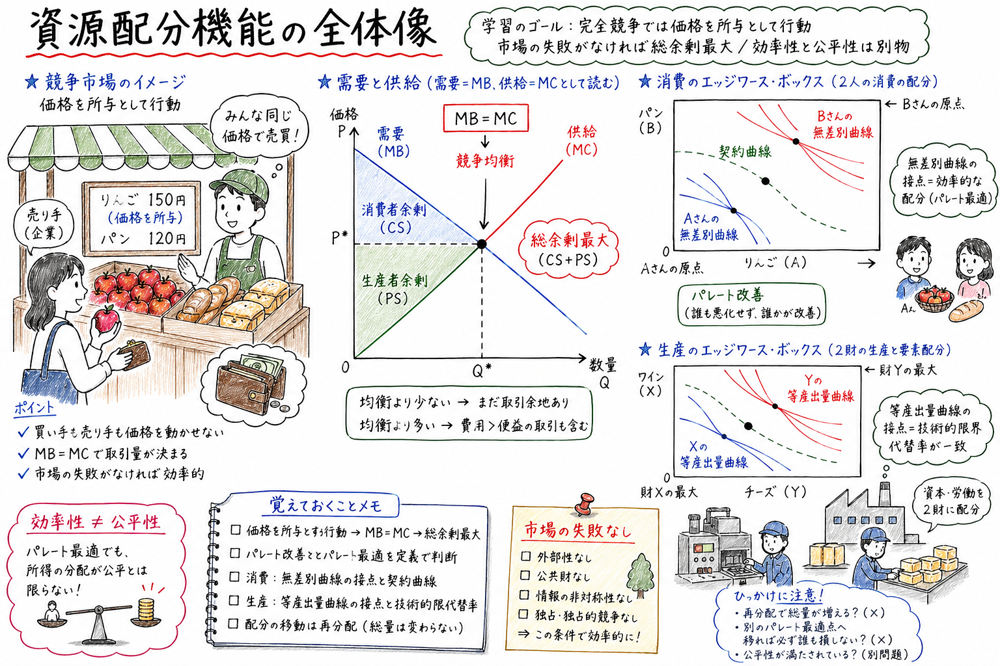 競争均衡、パレート改善、パレート最適、エッジワース・ボックスを効率性の論点としてつなげる図解
