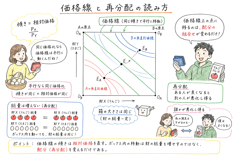 エッジワース・ボックス内の価格線は相対価格を示し、点の移動は総量増加ではなく再分配であることを示す図解