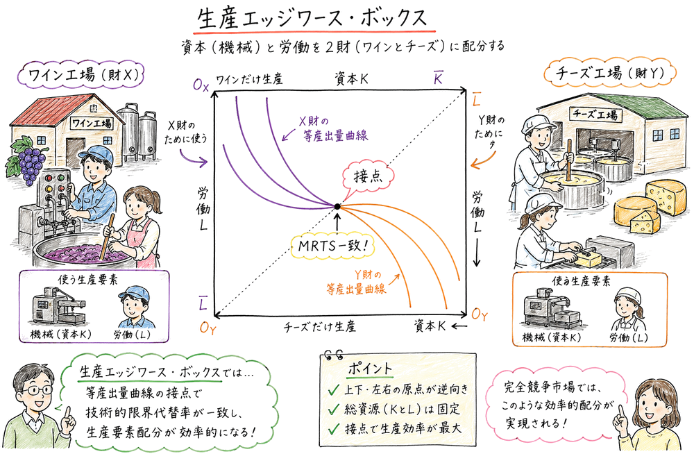 生産エッジワース・ボックスで資本と労働を2財へ配分し等産出量曲線の接点で技術的限界代替率が一致する図解