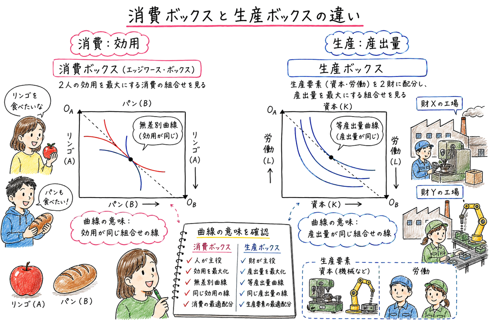 消費ボックスは効用と無差別曲線、生産ボックスは産出量と等産出量曲線で読むことを対比する図解