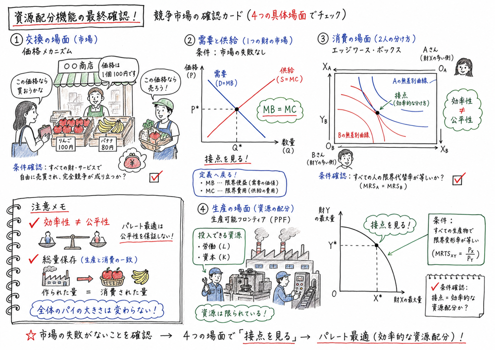 資源配分機能で完全競争、パレート概念、消費と生産のエッジワース・ボックスを確認する図解