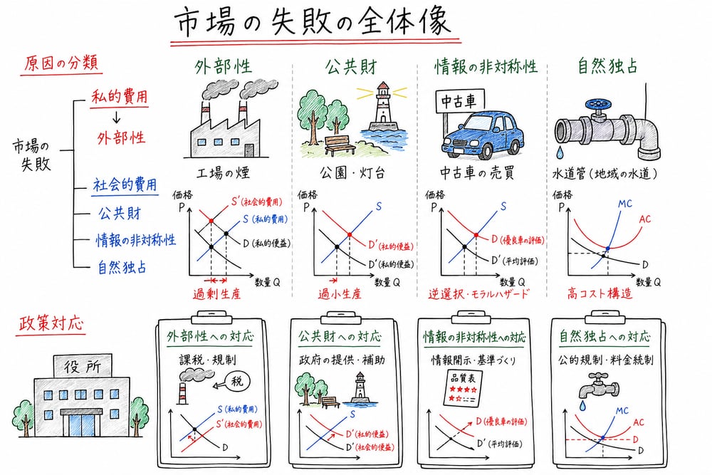 市場の失敗を外部性、公共財、情報の非対称性、自然独占に分けて原因と政策対応を結び付ける図解