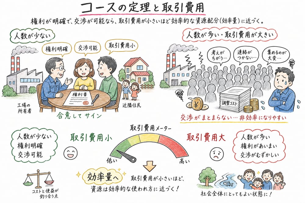 権利が明確で取引費用が低いと当事者交渉で効率的配分へ近づくことを示す図解