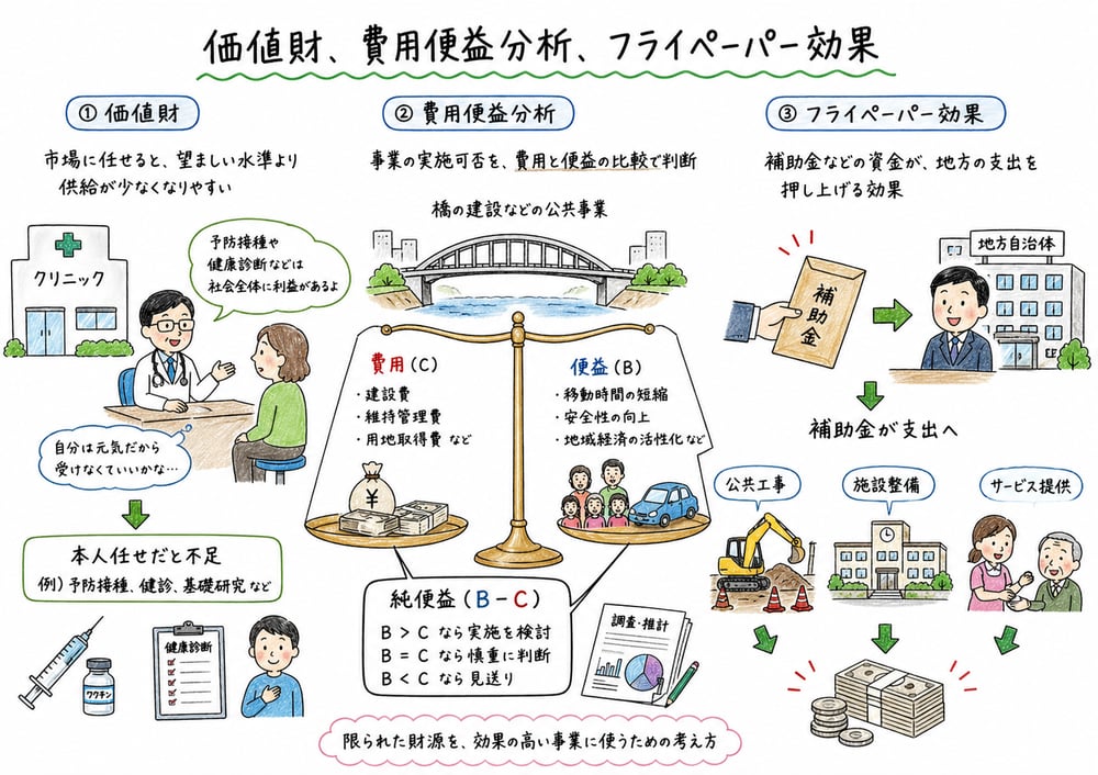 価値財、費用便益分析、フライペーパー効果を政策評価の補助論点として整理する図解