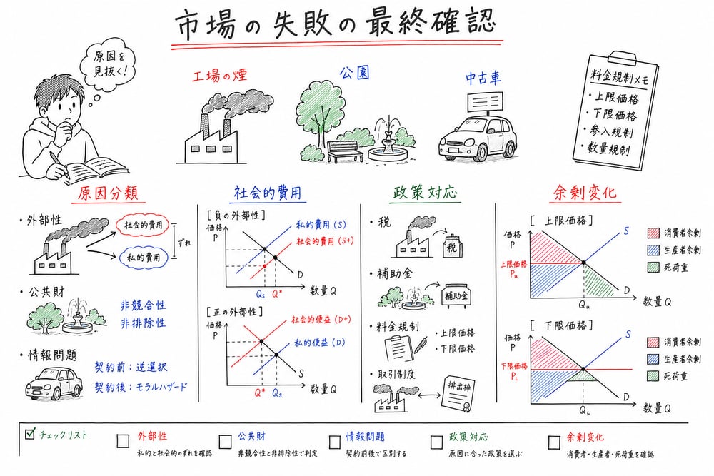 市場の失敗で原因分類、社会的費用と便益、政策対応、余剰変化を順に確認する図解