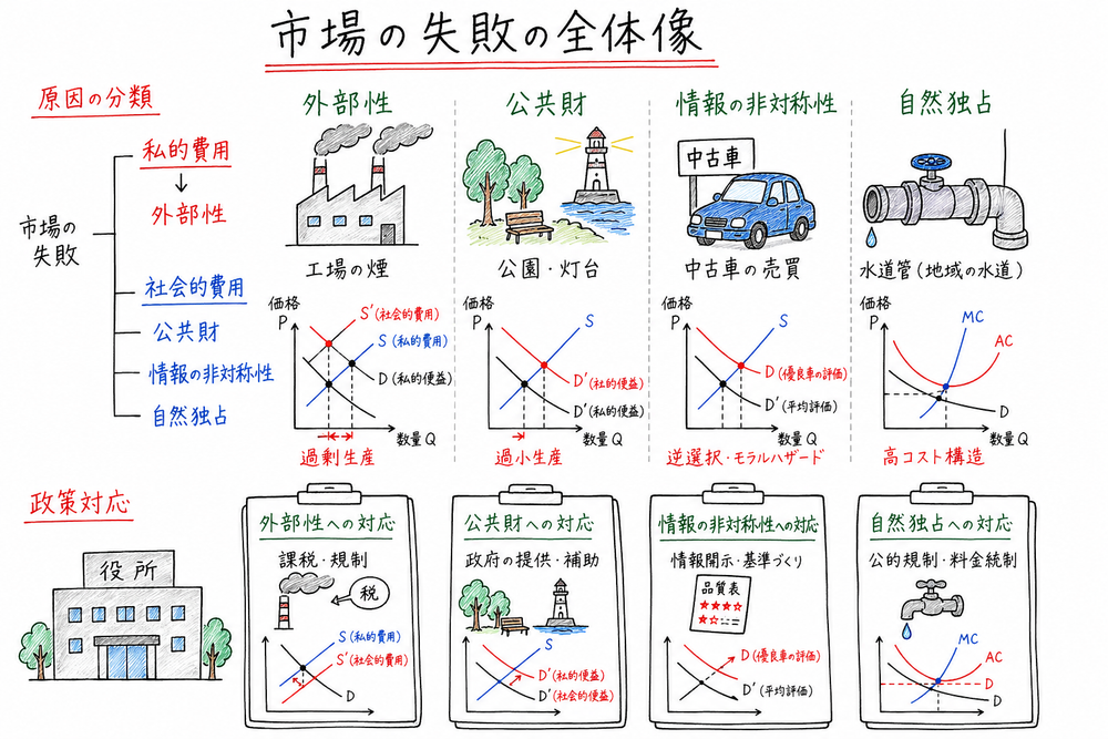 市場の失敗を外部性、公共財、情報の非対称性、自然独占に分けて原因と政策対応を結び付ける図解