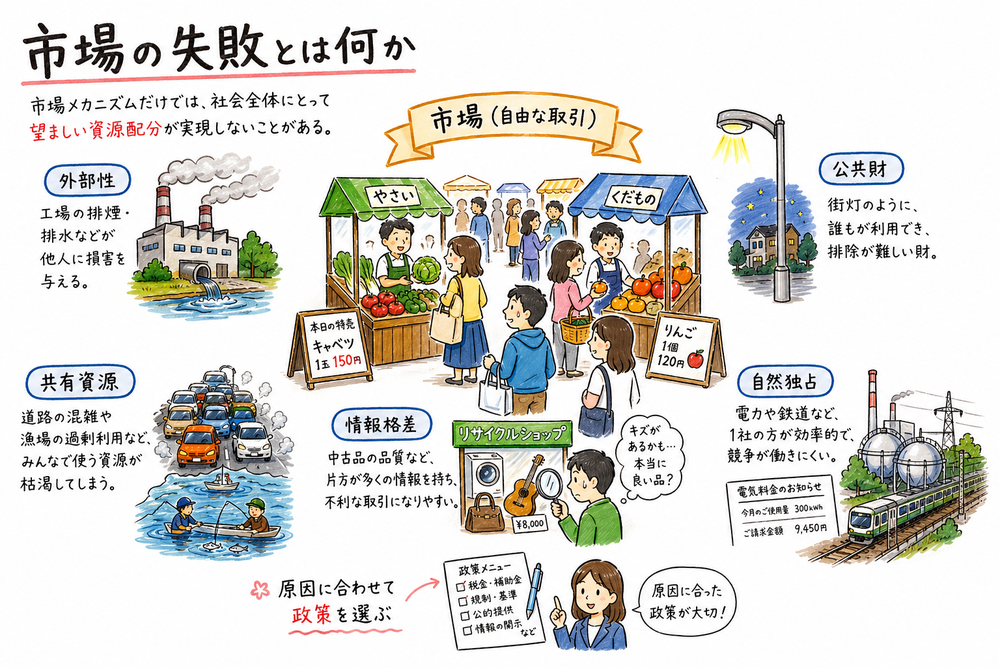 市場の失敗を外部性、公共財、情報の非対称性、独占などの原因別に整理する図解