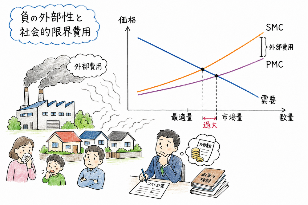負の外部性で社会的限界費用が私的限界費用を上回り過大生産になる図解
