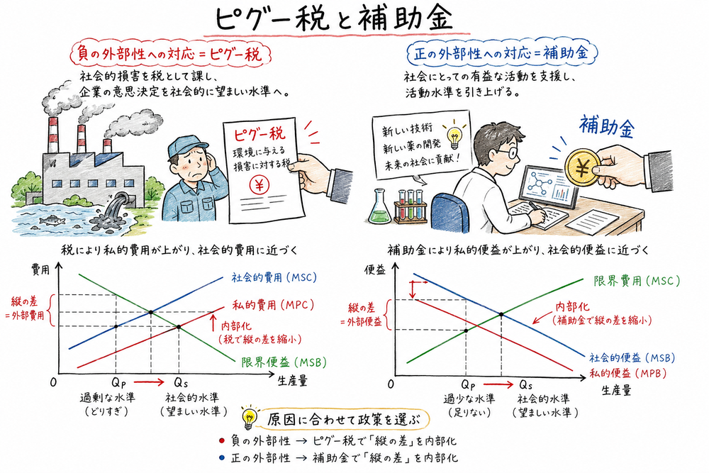 負の外部性にはピグー税、正の外部性には補助金で私的判断を社会的判断へ近づける図解