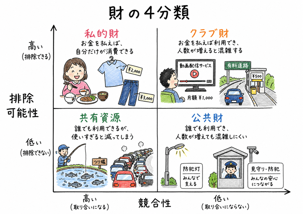 競合性と排除性の有無で私的財、クラブ財、共有資源、公共財を分類する図解