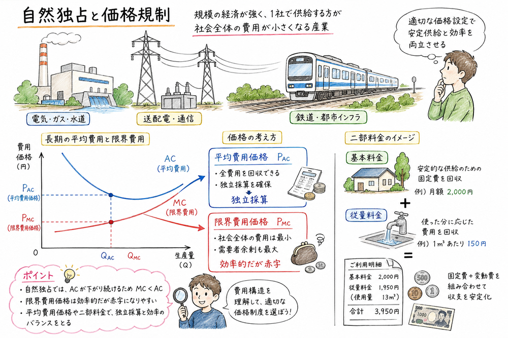 自然独占で平均費用低下、限界費用価格形成、平均費用価格形成を比較する図解