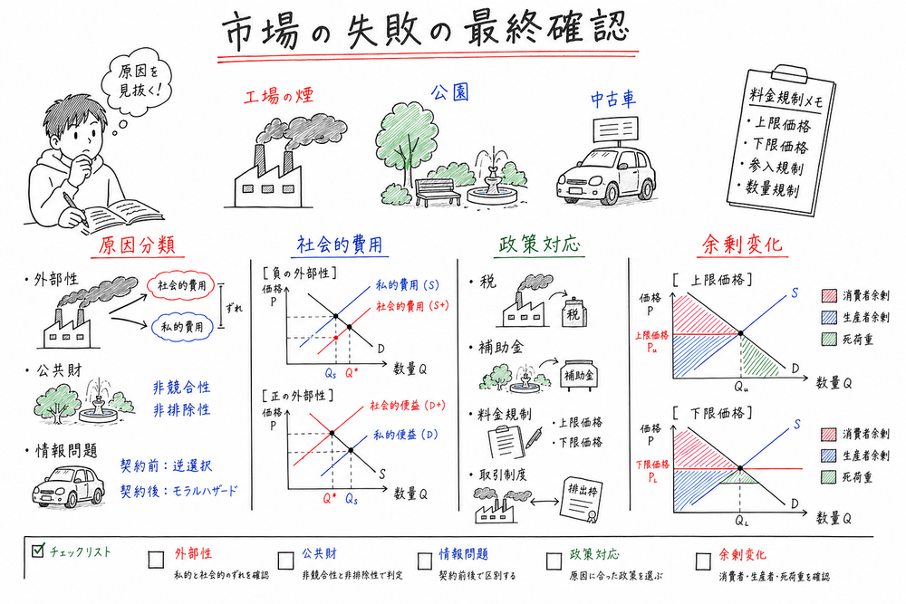 市場の失敗で原因分類、社会的費用と便益、政策対応、余剰変化を順に確認する図解