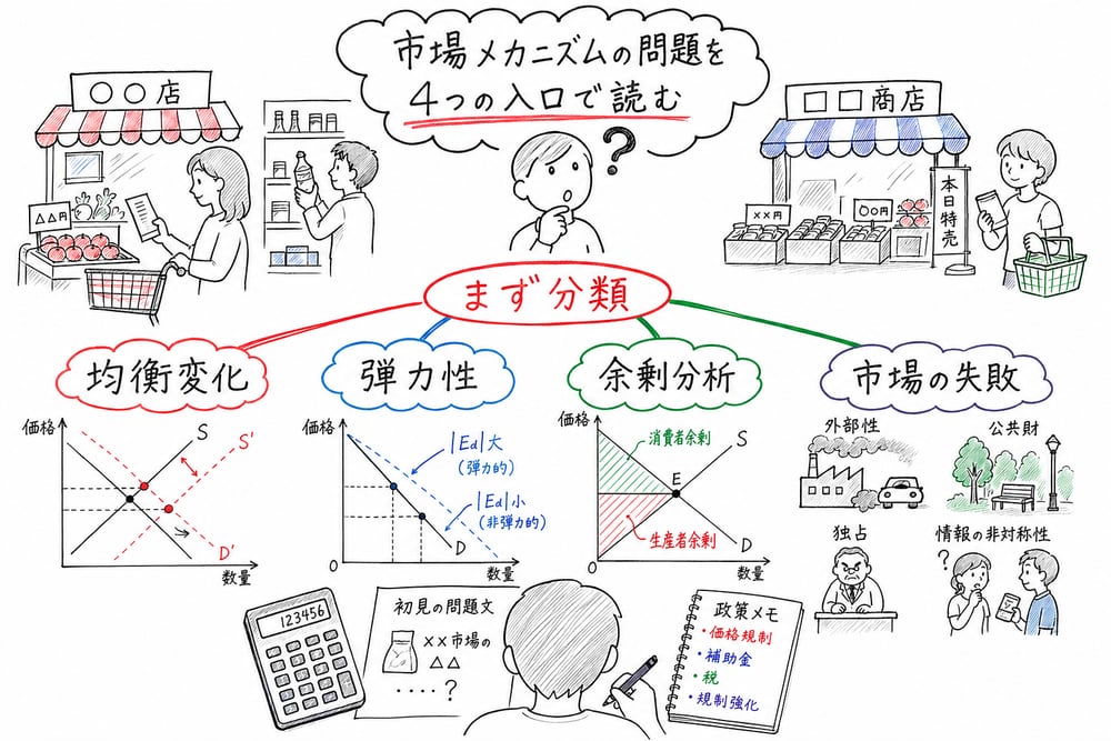 市場メカニズムの問題を均衡変化、弾力性、余剰分析、市場の失敗に分類する図解