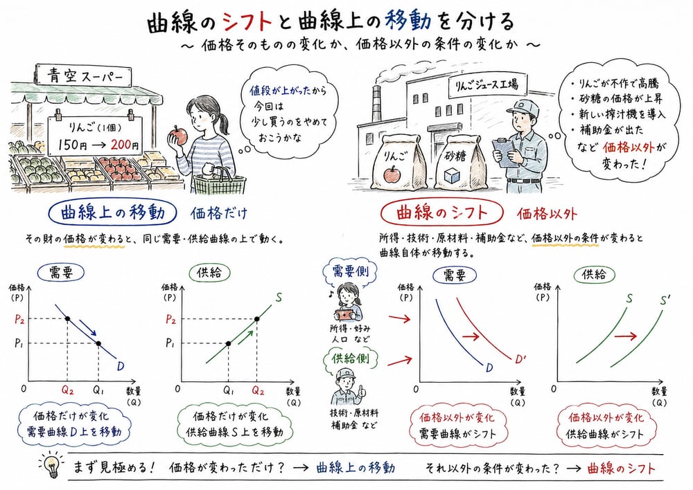 価格変化による曲線上の移動と価格以外の条件変化による曲線シフトを分ける図解