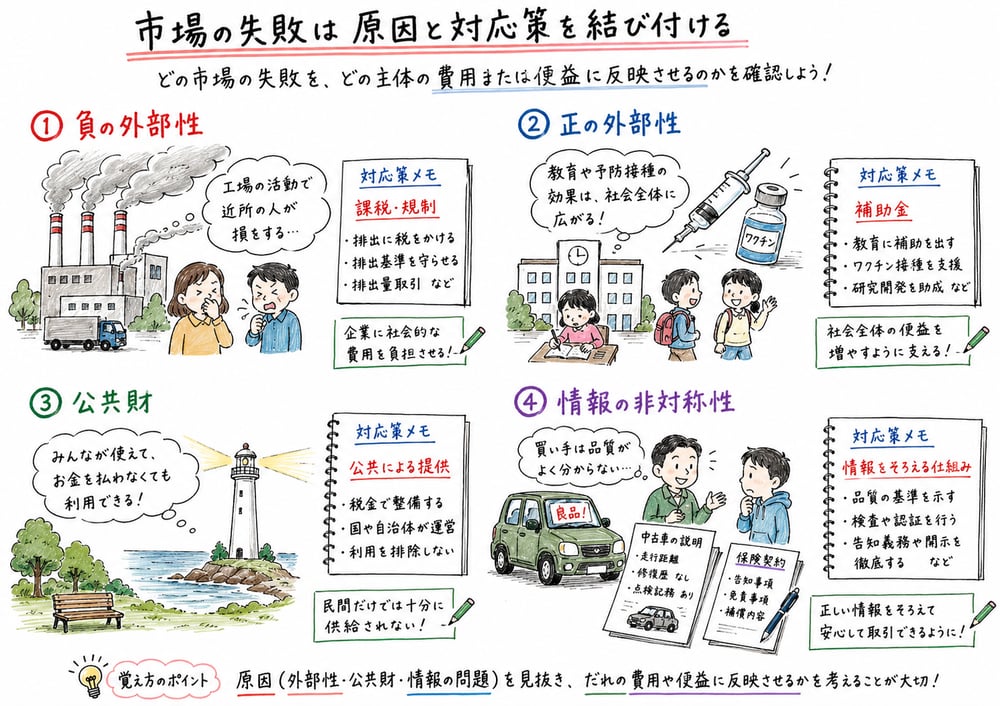 外部性、公共財、情報の非対称性と対応策を対応させる図解