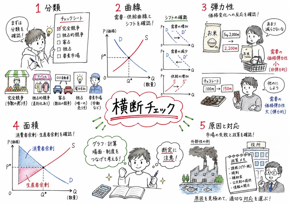 市場メカニズムの横断問題で曲線、弾力性、余剰の帰属、市場の失敗を順に確認する図解