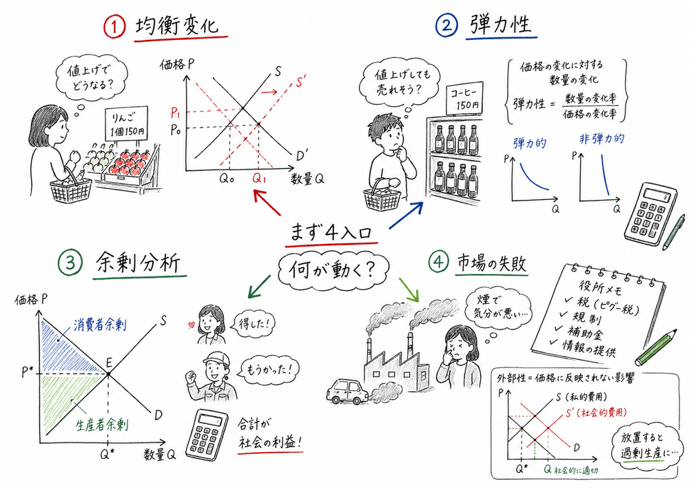 市場メカニズムの横断論点を均衡、弾力性、余剰、市場の失敗の4入口で整理する図解